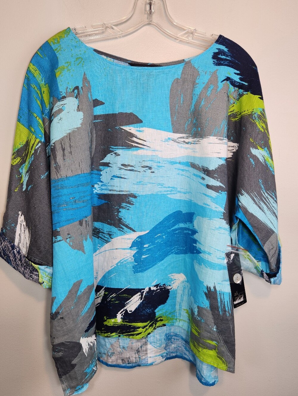 Ali Miles Linen Blend Abstract Brushstroke Boatneck Tunic SzPXL NWT